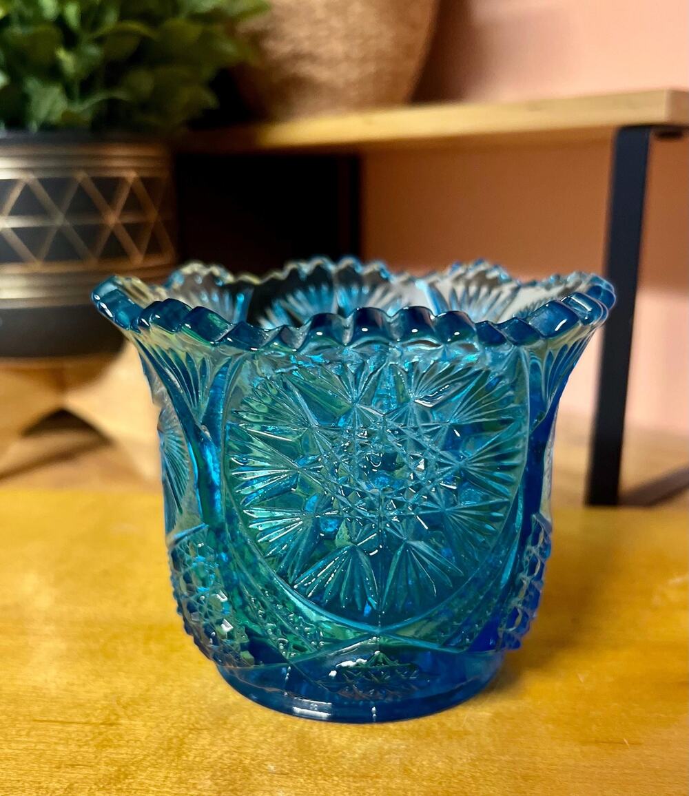 Vintage 1950s Kemple Blue Glass Yutec Star and Fan Open Sugar Bowl